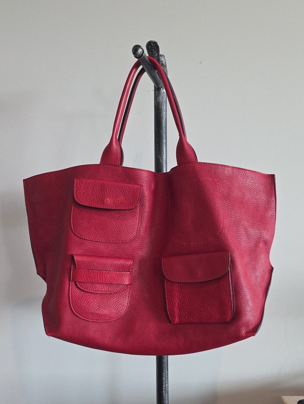 Marni Red Leather Tote Bag with Front Pockets